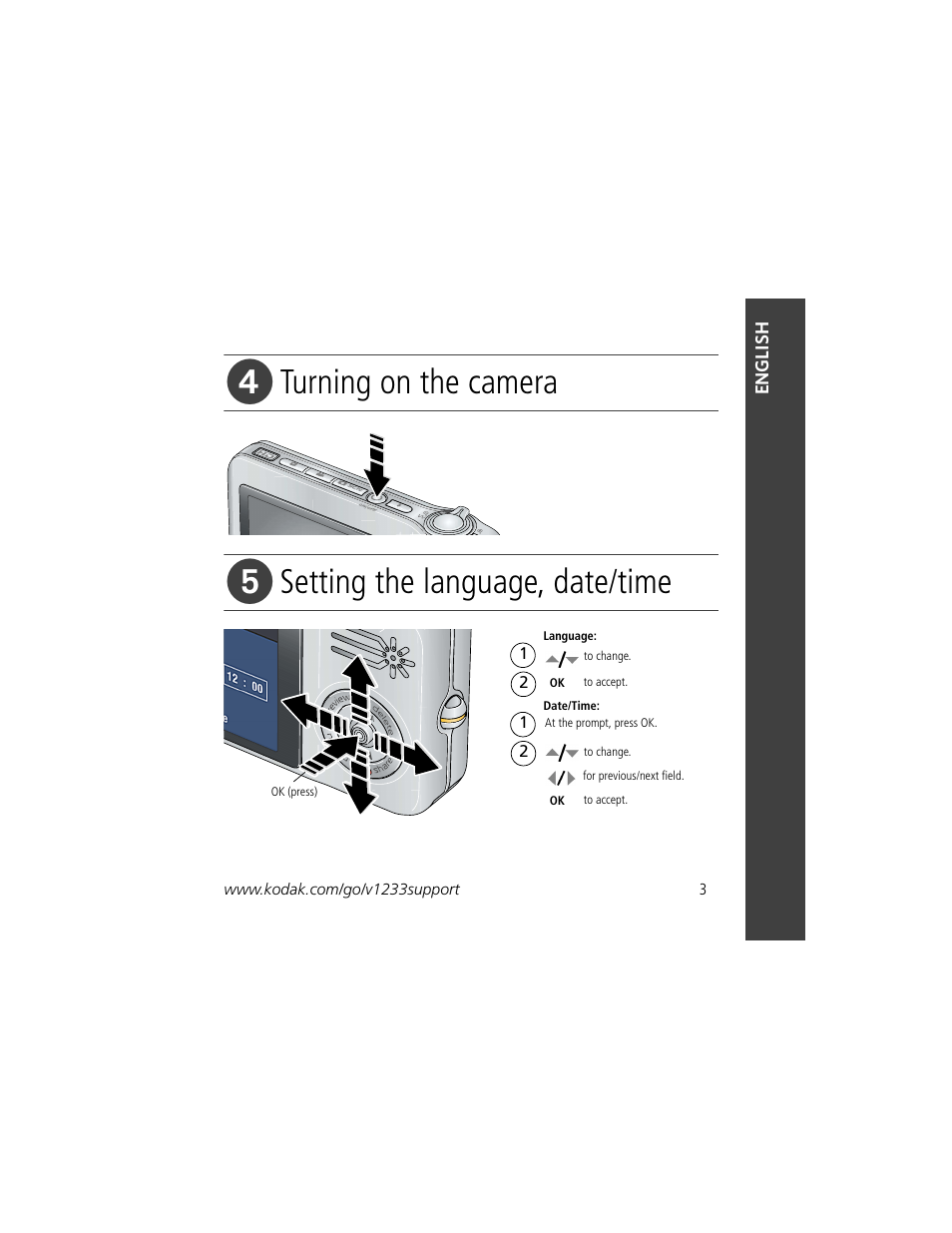 Turning on the camera, Setting the language, date/time | Kodak V1233 User Manual | Page 3 / 27