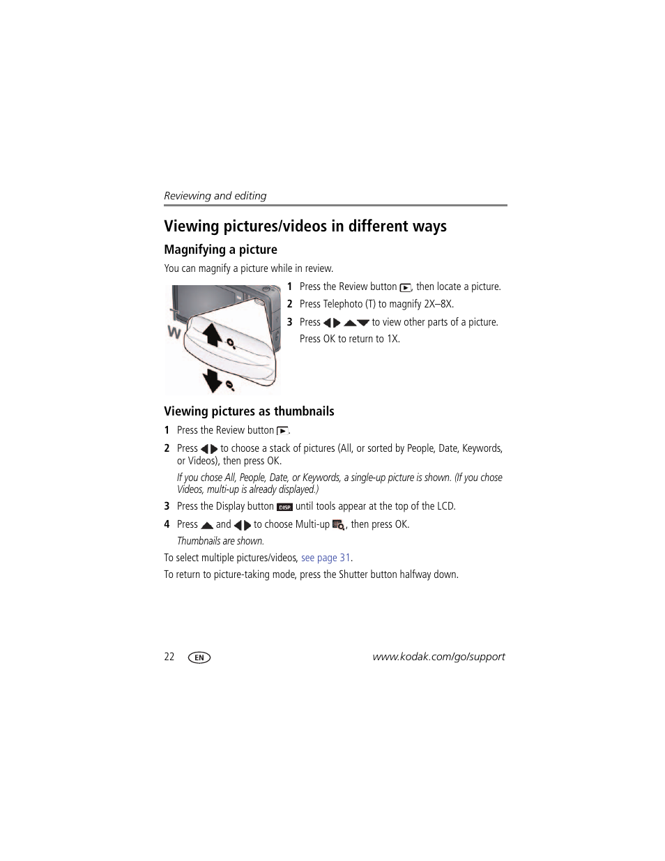 Magnifying a picture, Viewing pictures as thumbnails, Viewing pictures/videos in different ways | Kodak M52 User Manual | Page 28 / 70