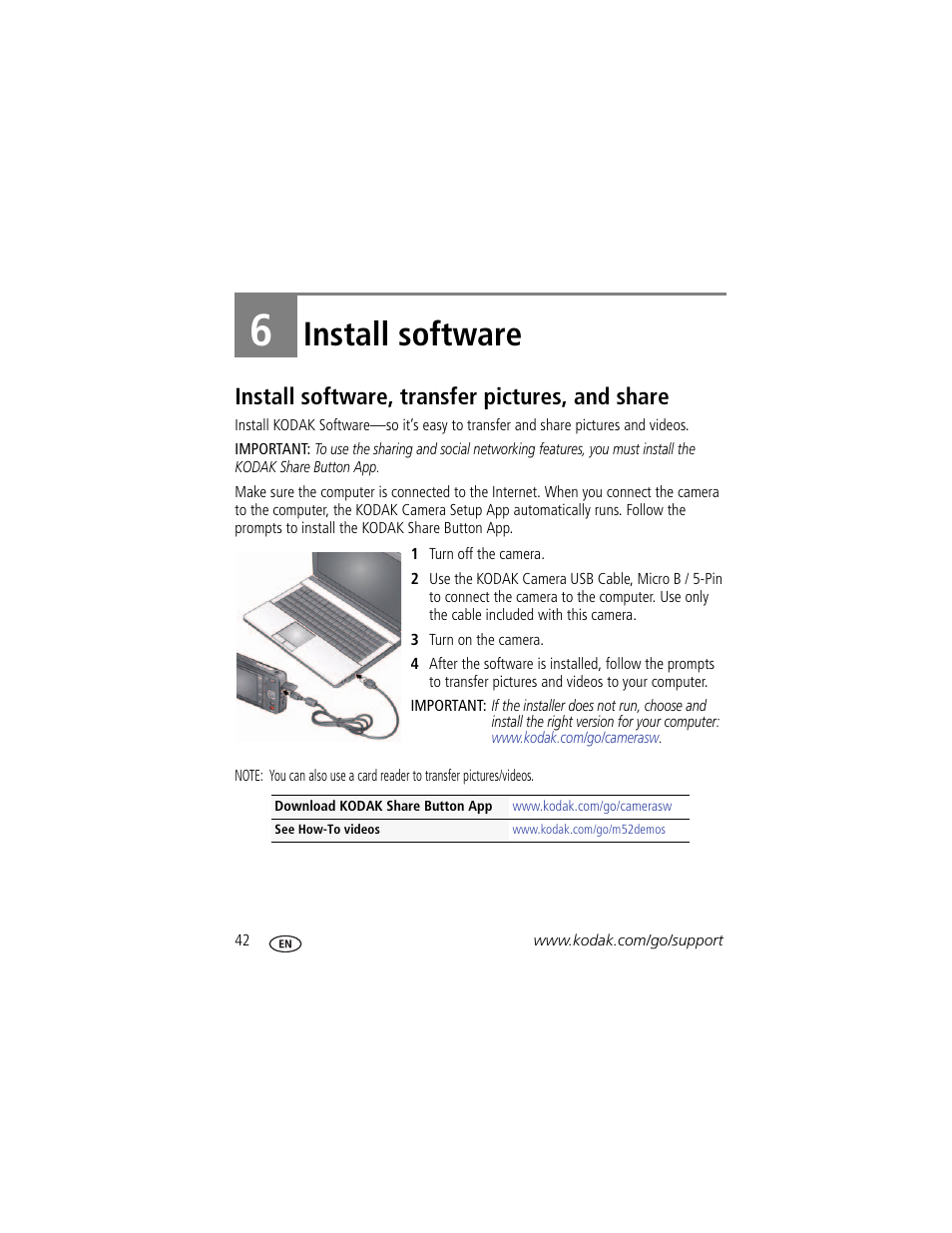 Install software, Install software, transfer pictures, and share, 6 install software | Kodak M52 User Manual | Page 48 / 70