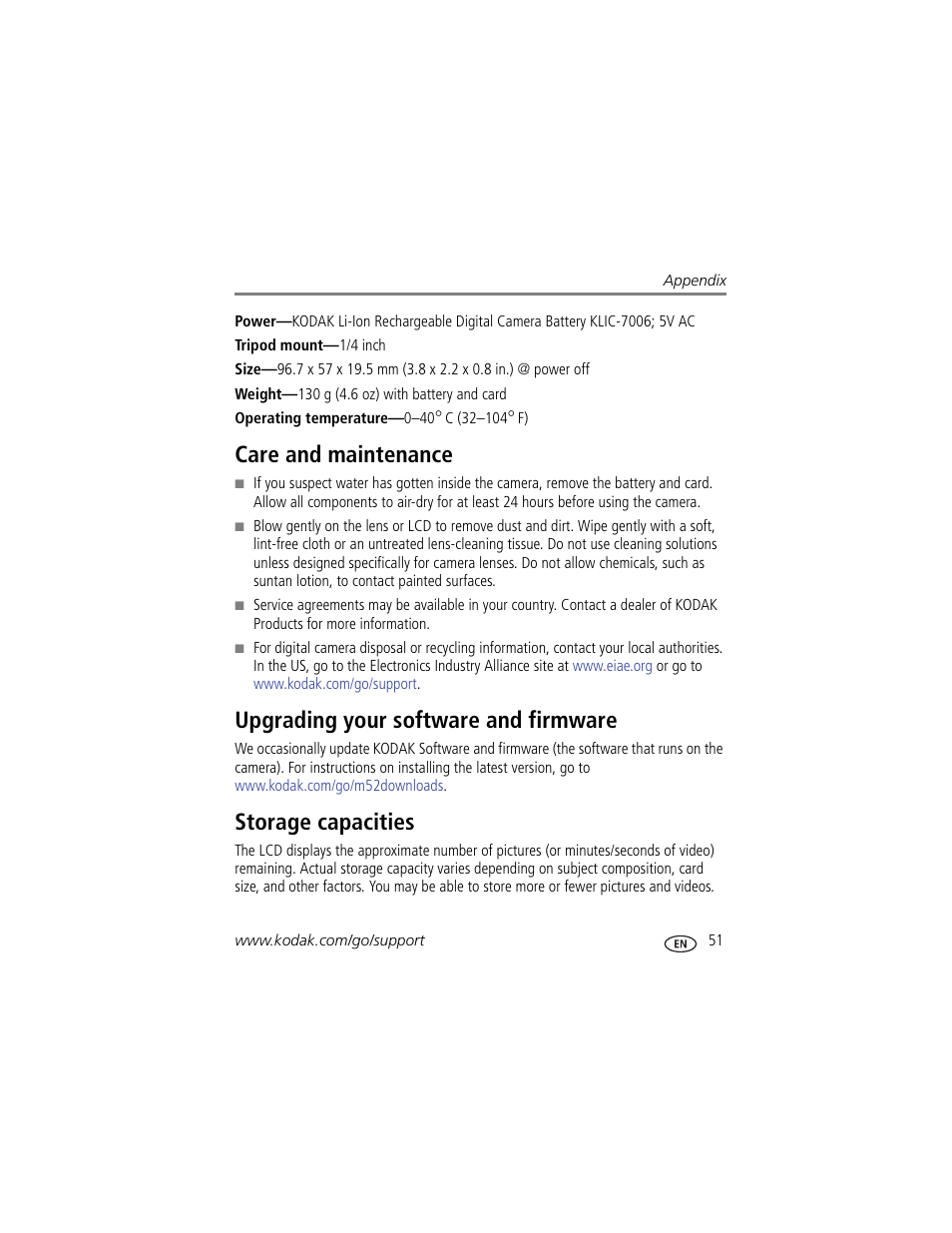 Care and maintenance, Upgrading your software and firmware, Storage capacities | The lens | Kodak M52 User Manual | Page 57 / 70