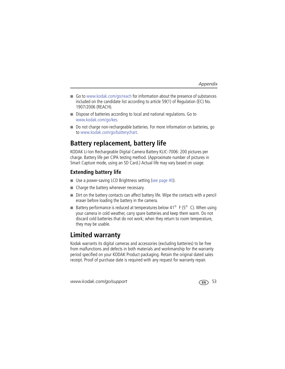 Battery replacement, battery life, Extending battery life, Limited warranty | Battery replacement, battery life limited warranty | Kodak M52 User Manual | Page 59 / 70