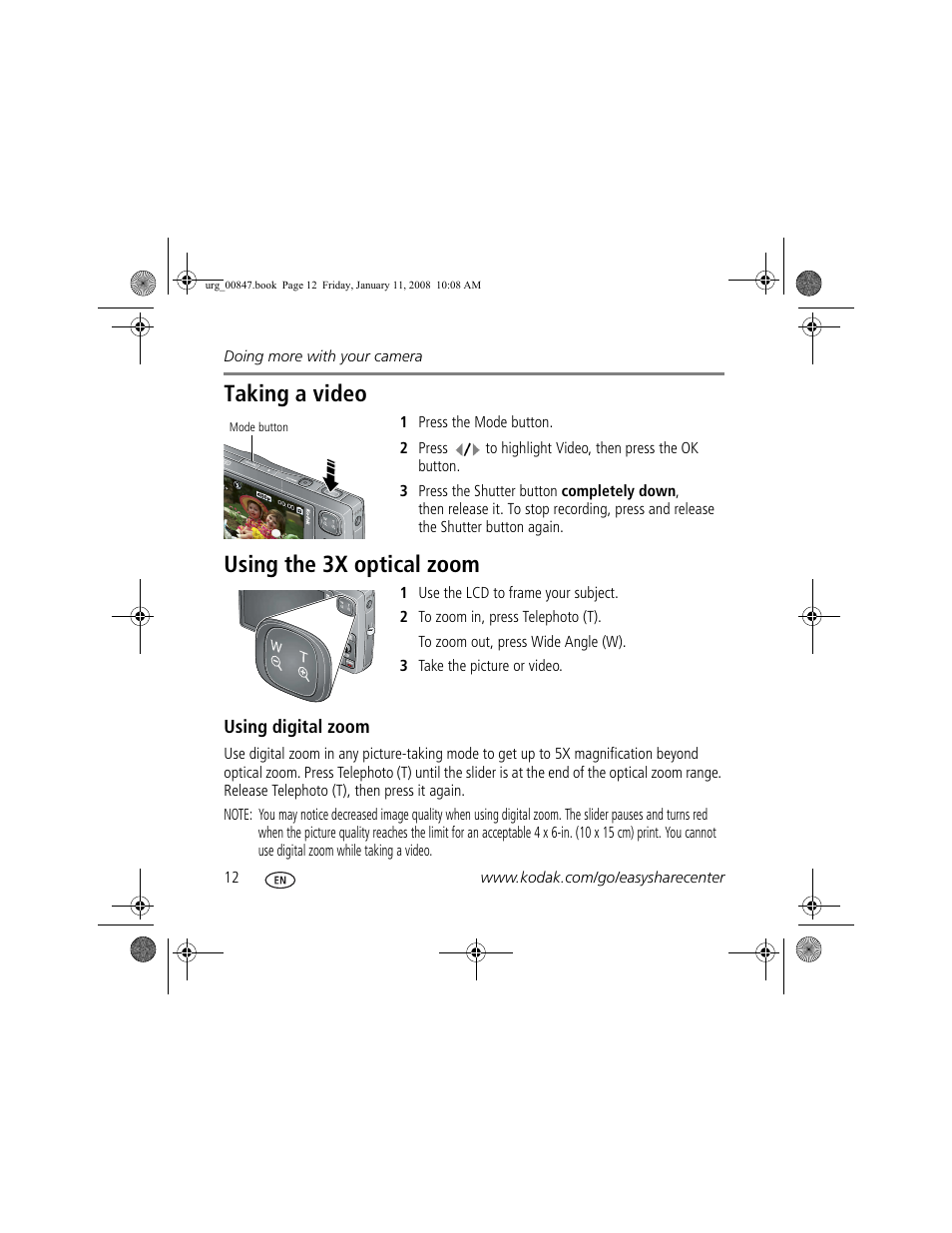 Taking a video, Using the 3x optical zoom | Kodak M2008 User Manual | Page 12 / 26