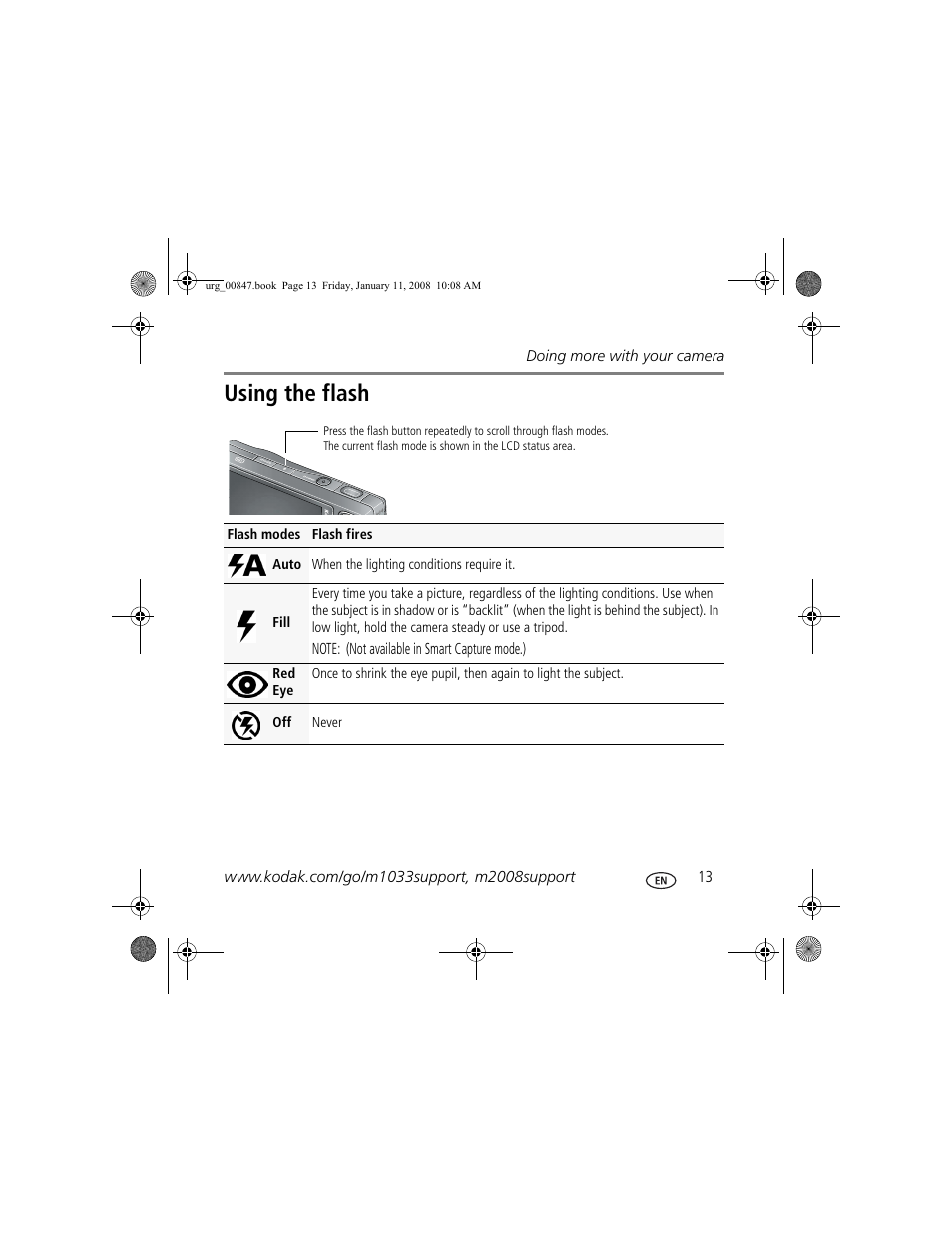 Using the flash | Kodak M2008 User Manual | Page 13 / 26