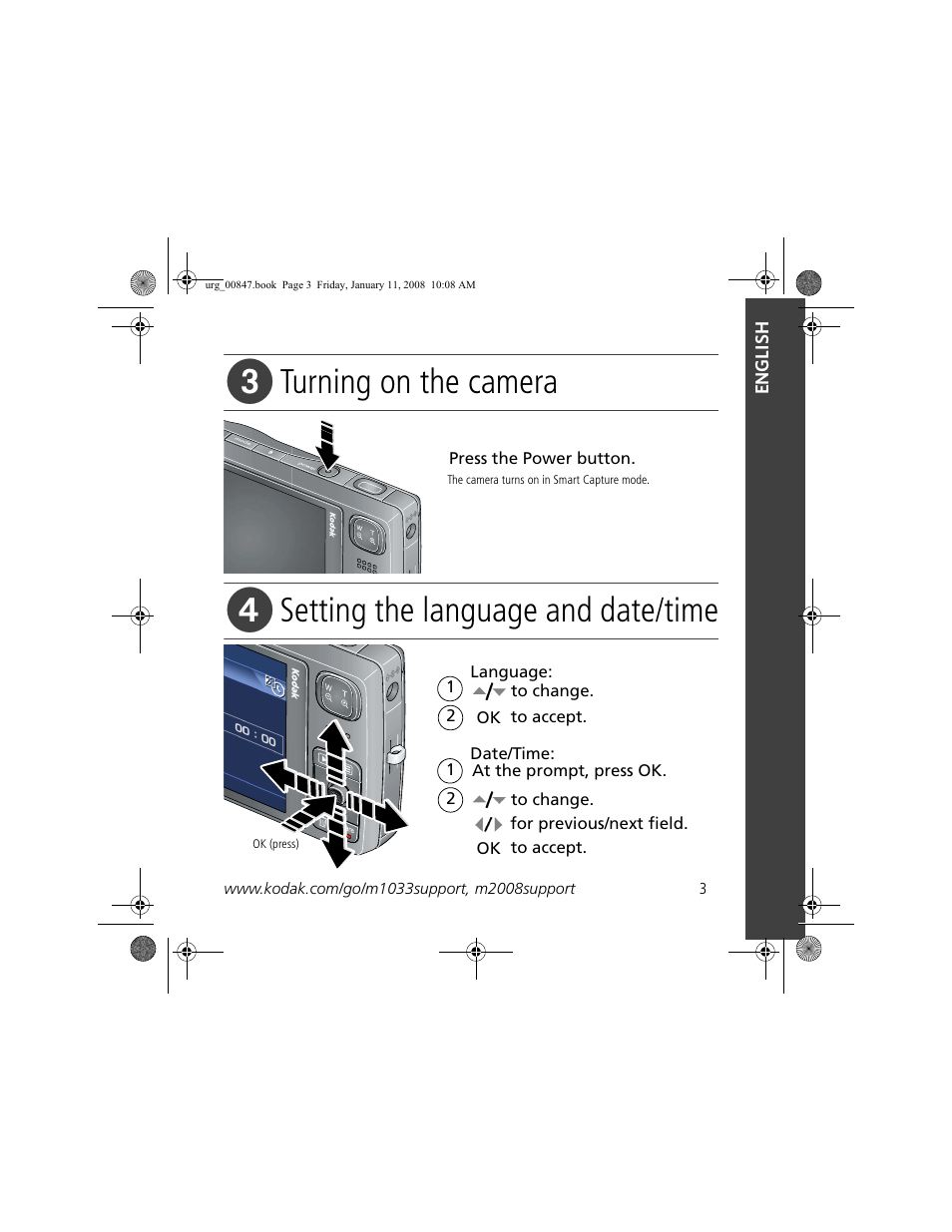 Turning on the camera, Setting the language and date/time | Kodak M2008 User Manual | Page 3 / 26