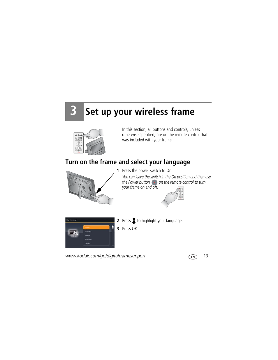 Set up your wireless frame, Turn on the frame and select your language | Kodak EX811 User Manual | Page 13 / 26