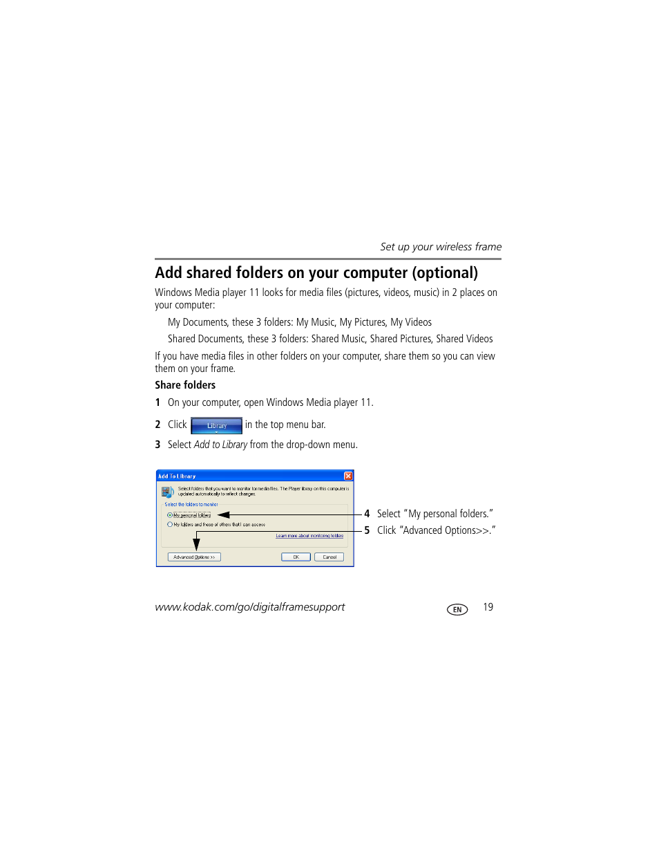Add shared folders on your computer (optional) | Kodak EX811 User Manual | Page 19 / 26