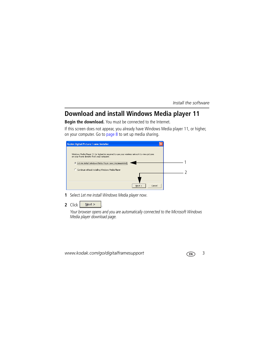 Download and install windows media player 11 | Kodak EX811 User Manual | Page 3 / 26