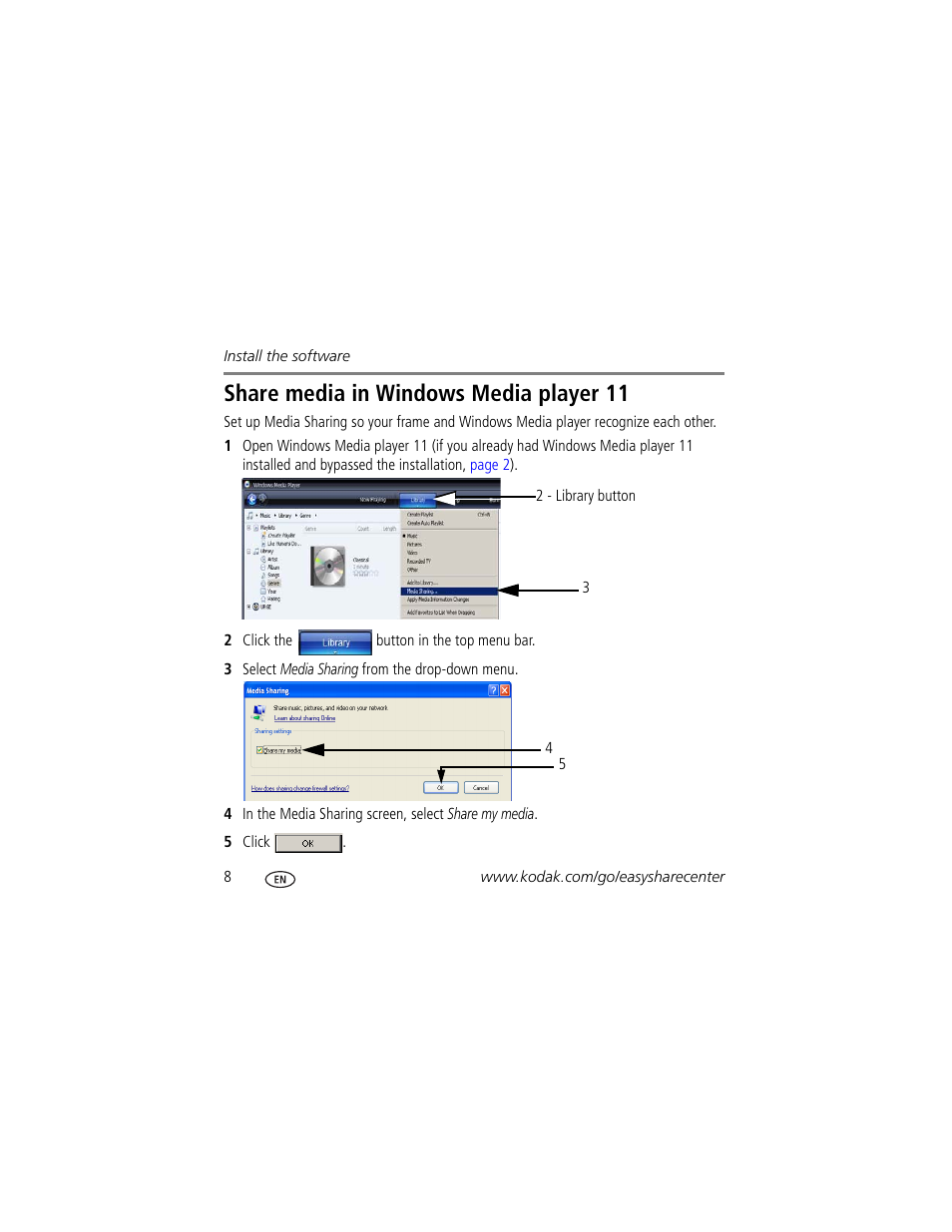 Share media in windows media player 11 | Kodak EX811 User Manual | Page 8 / 26