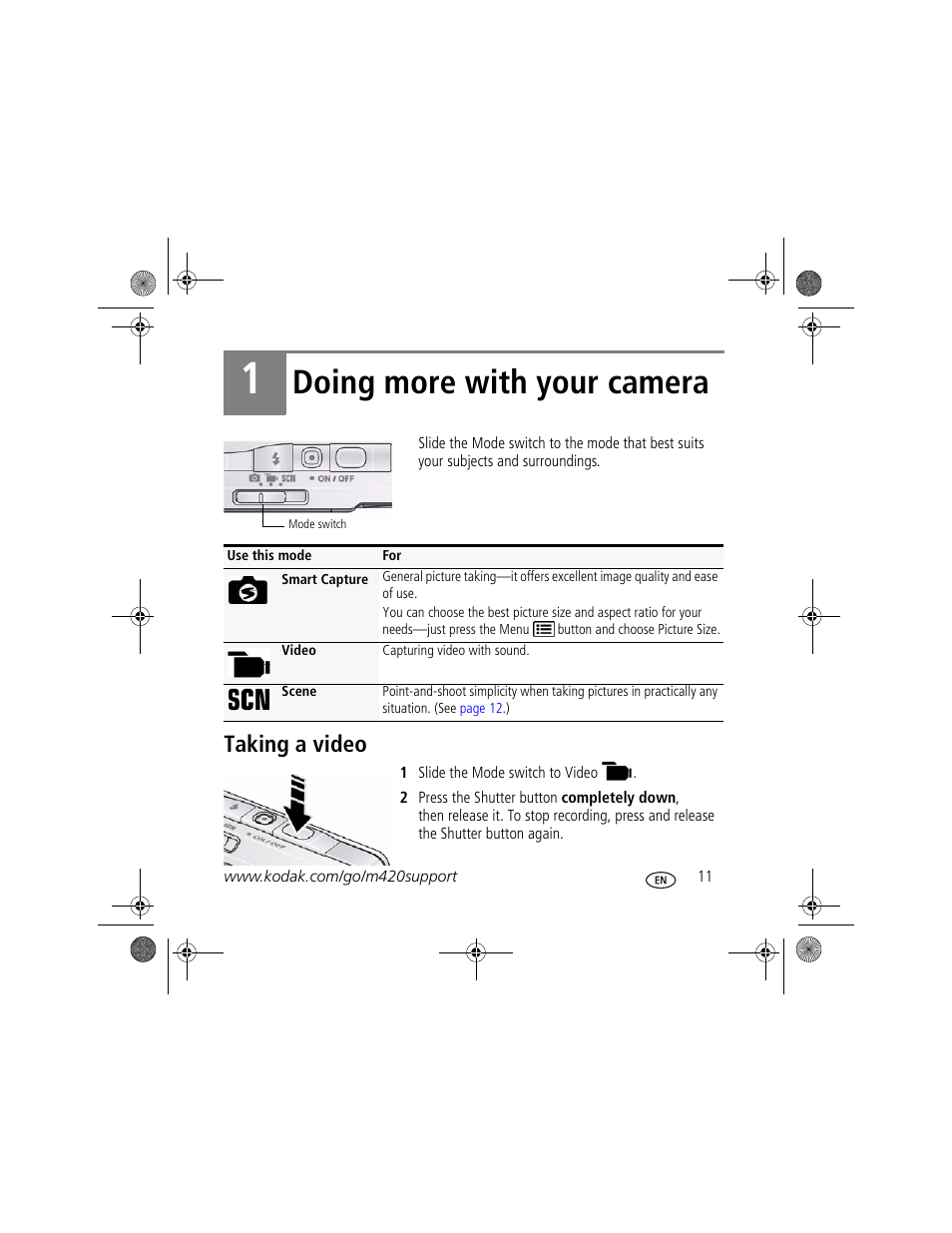 Doing more with your camera, Taking a video | Kodak M420 User Manual | Page 11 / 27