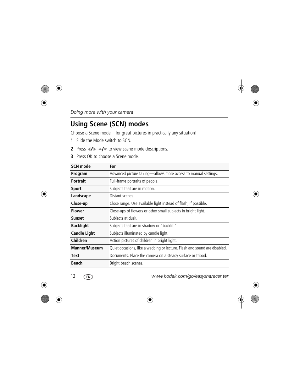 Using scene (scn) modes | Kodak M420 User Manual | Page 12 / 27