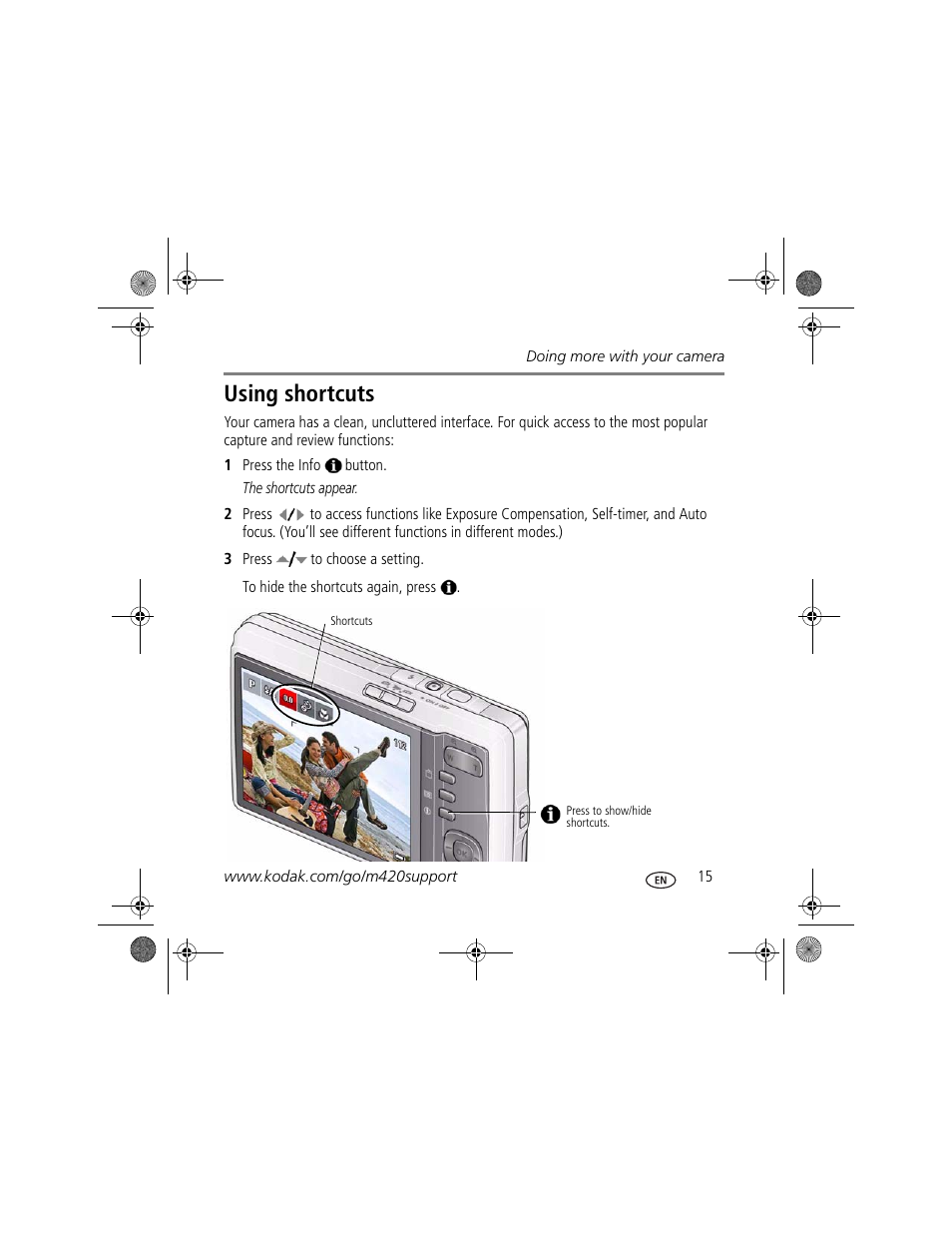 Using shortcuts | Kodak M420 User Manual | Page 15 / 27