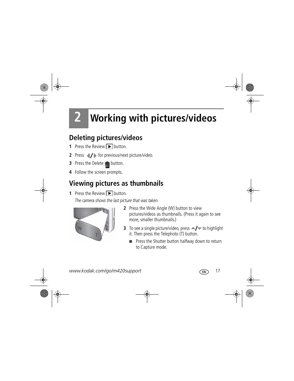 Working with pictures/videos, Deleting pictures/videos, Viewing pictures as thumbnails | Kodak M420 User Manual | Page 17 / 27
