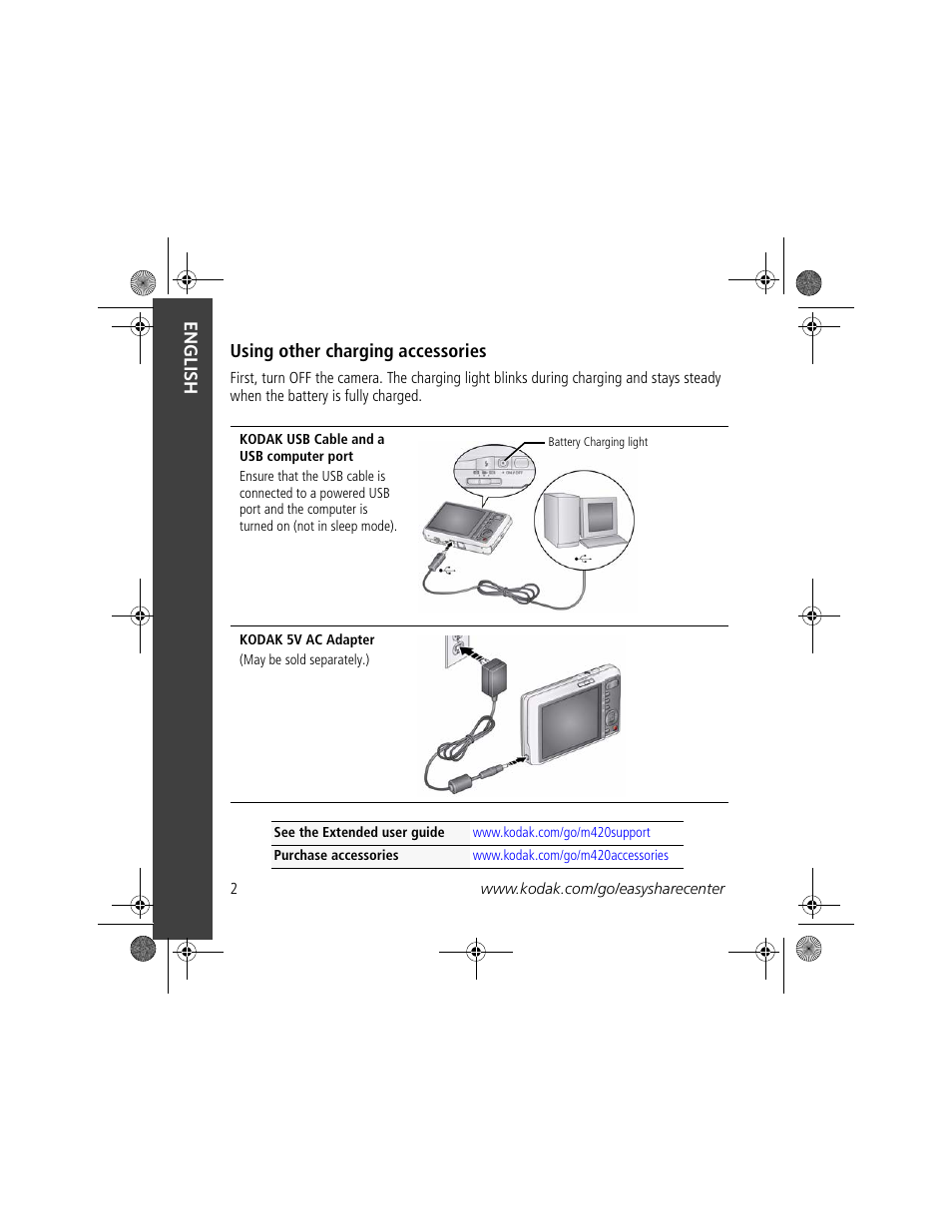 English using other charging accessories | Kodak M420 User Manual | Page 2 / 27