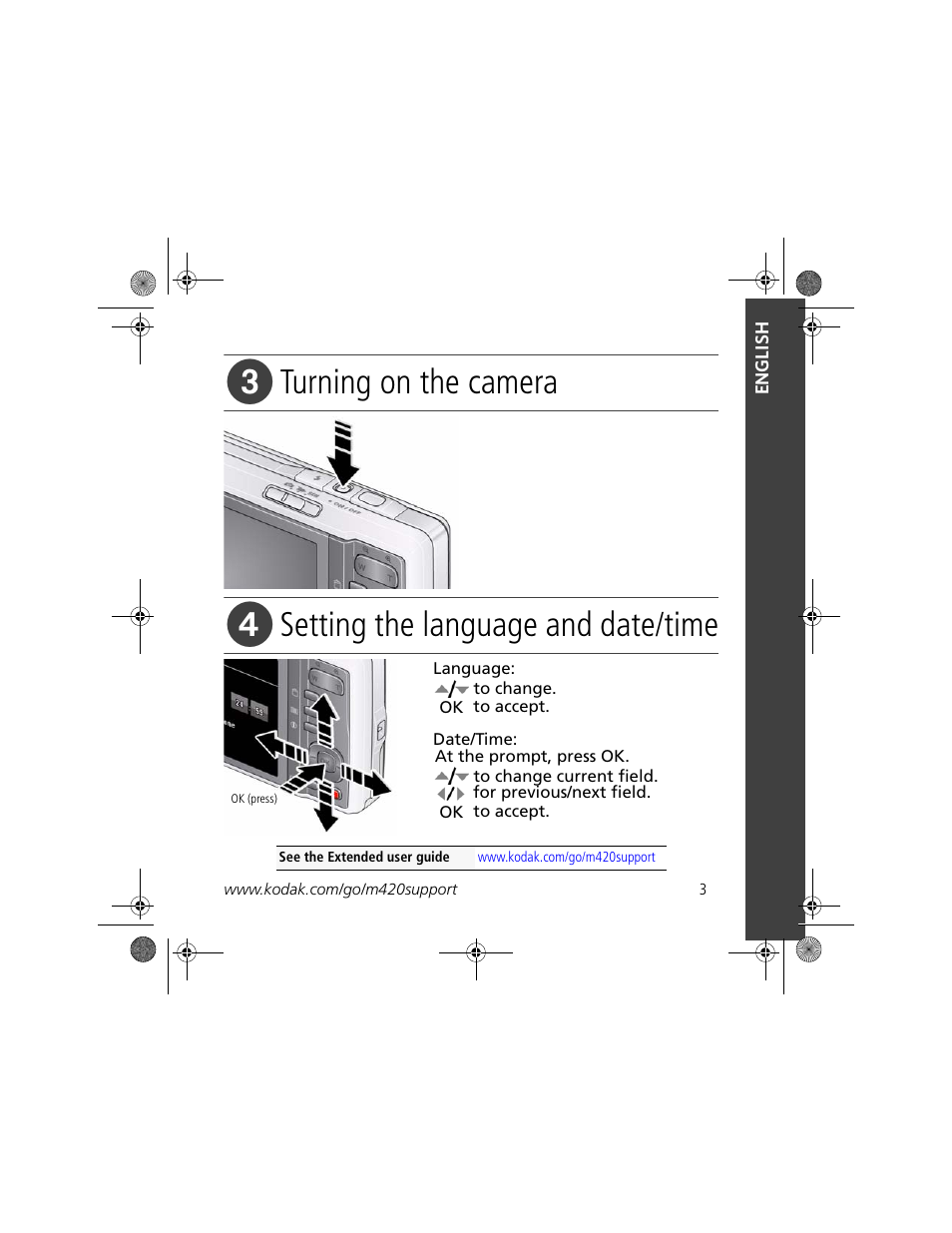 Turning on the camera, Setting the language and date/time | Kodak M420 User Manual | Page 3 / 27