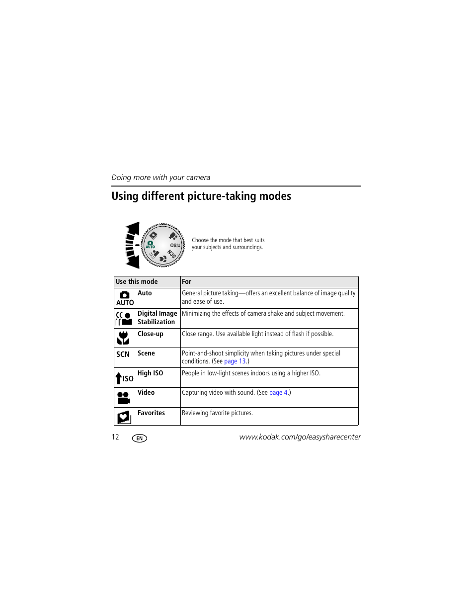 Using different picture-taking modes | Kodak M763 User Manual | Page 12 / 29