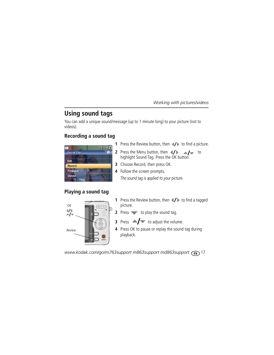 Using sound tags | Kodak M763 User Manual | Page 17 / 29