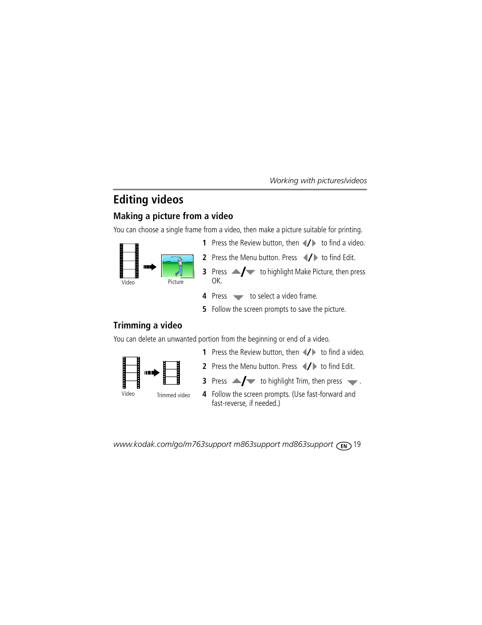 Editing videos | Kodak M763 User Manual | Page 19 / 29