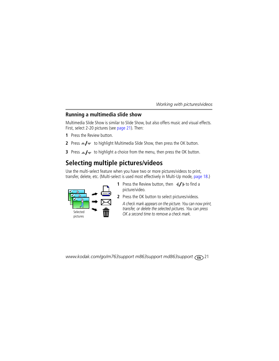 Selecting multiple pictures/videos | Kodak M763 User Manual | Page 21 / 29
