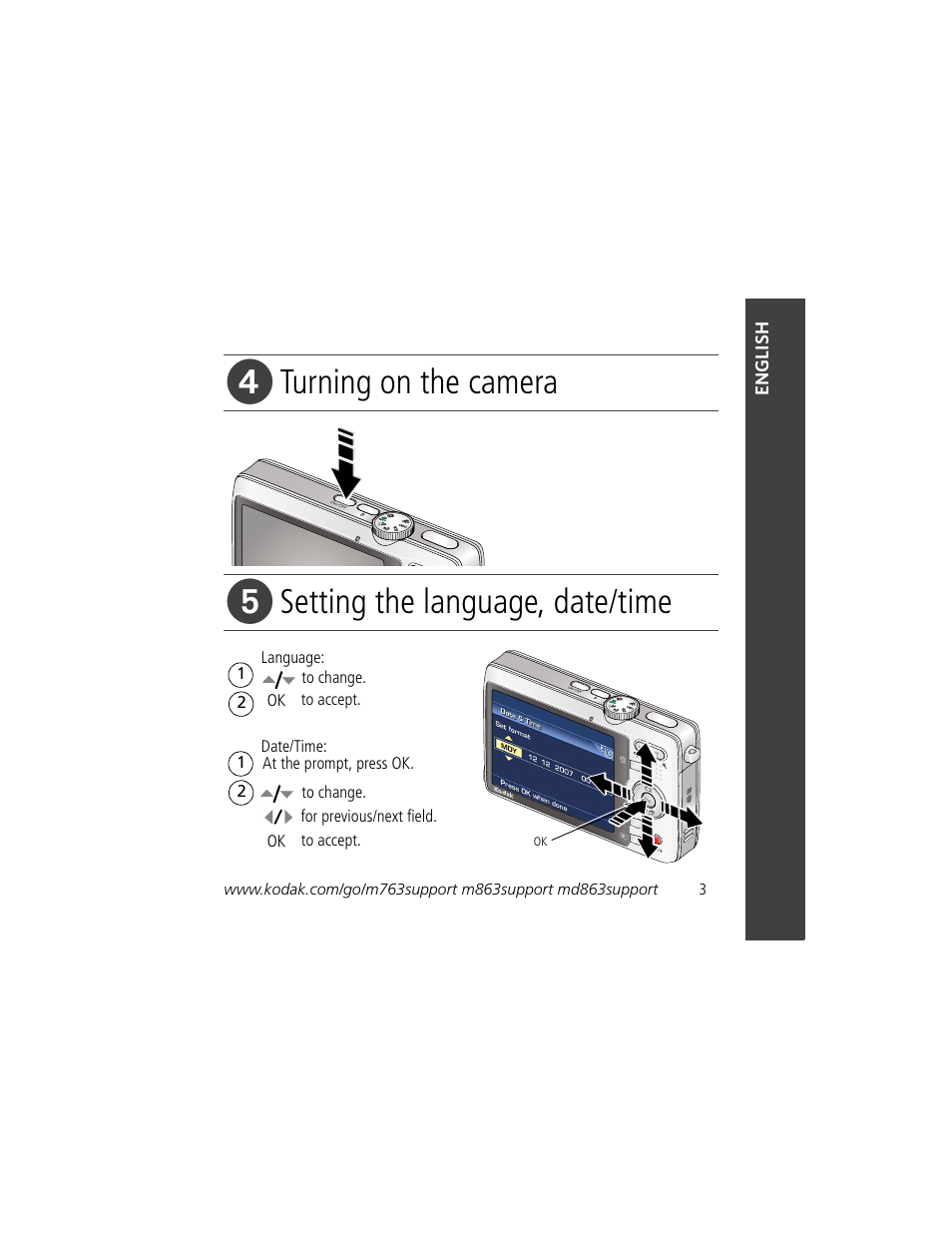 Turning on the camera, Setting the language, date/time | Kodak M763 User Manual | Page 3 / 29
