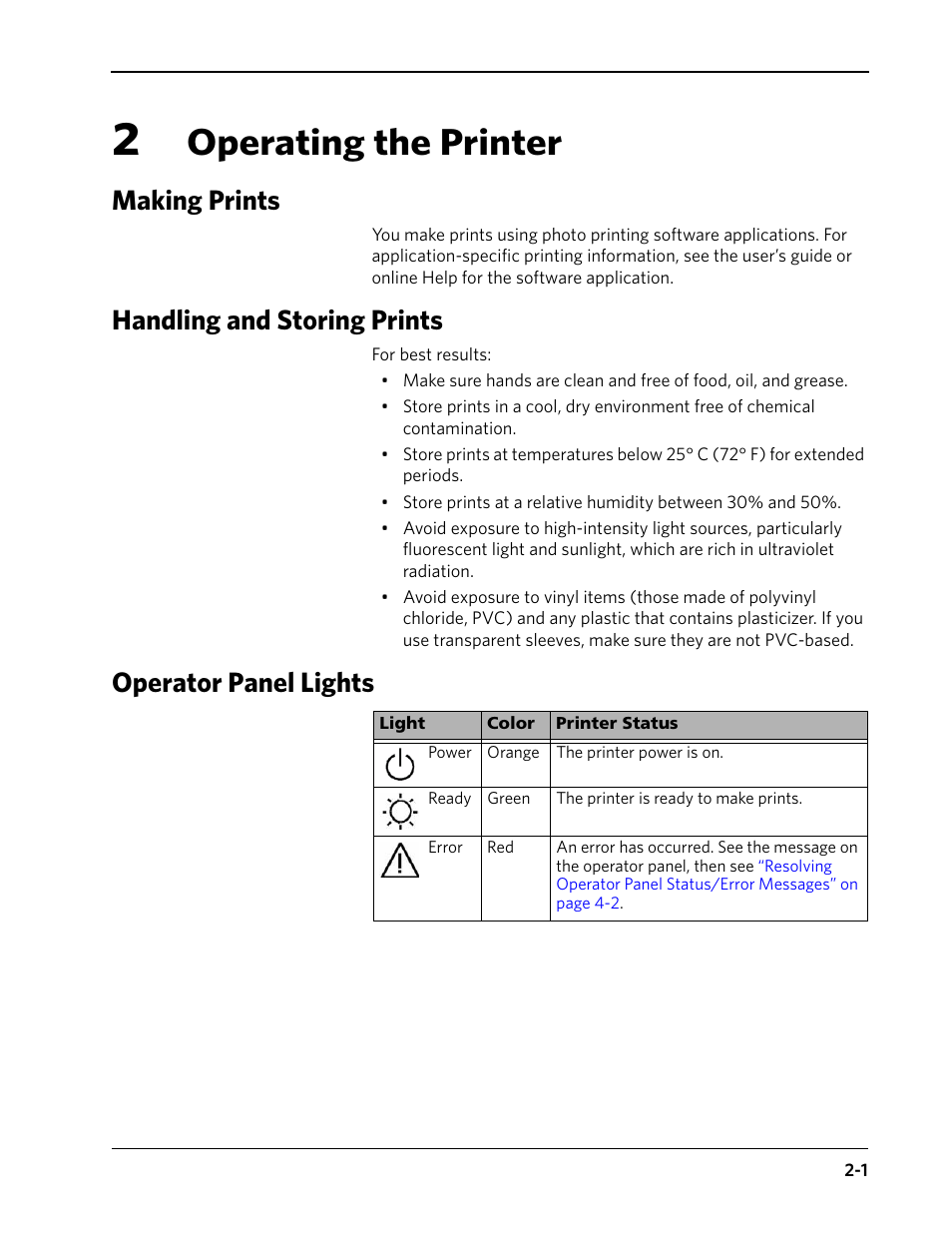 2 operating the printer, Making prints, Handling and storing prints | Operator panel lights, Operating the printer | Kodak D4000 User Manual | Page 15 / 48