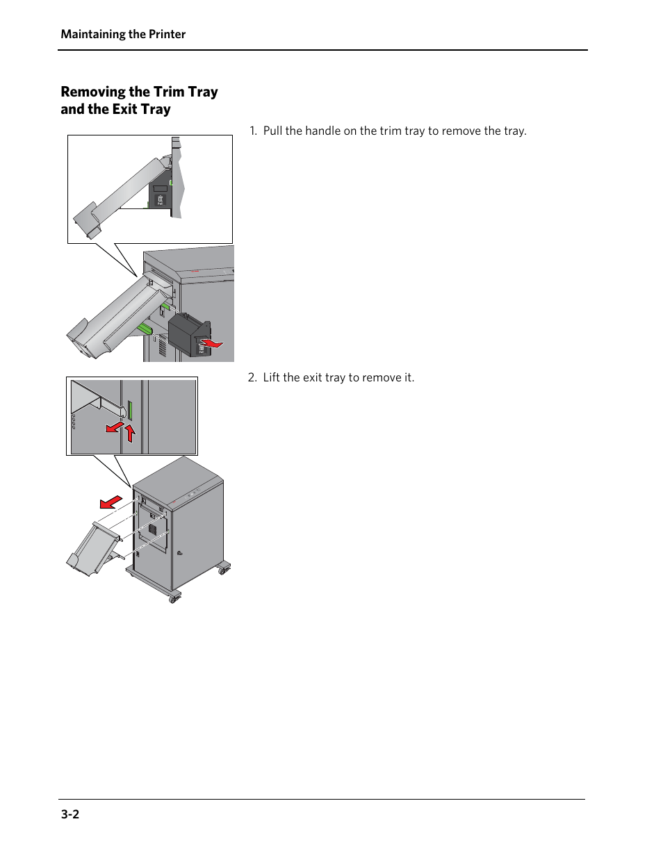 Removing the trim tray and the exit tray, Removing the trim tray and the exit tray -2 | Kodak D4000 User Manual | Page 20 / 48