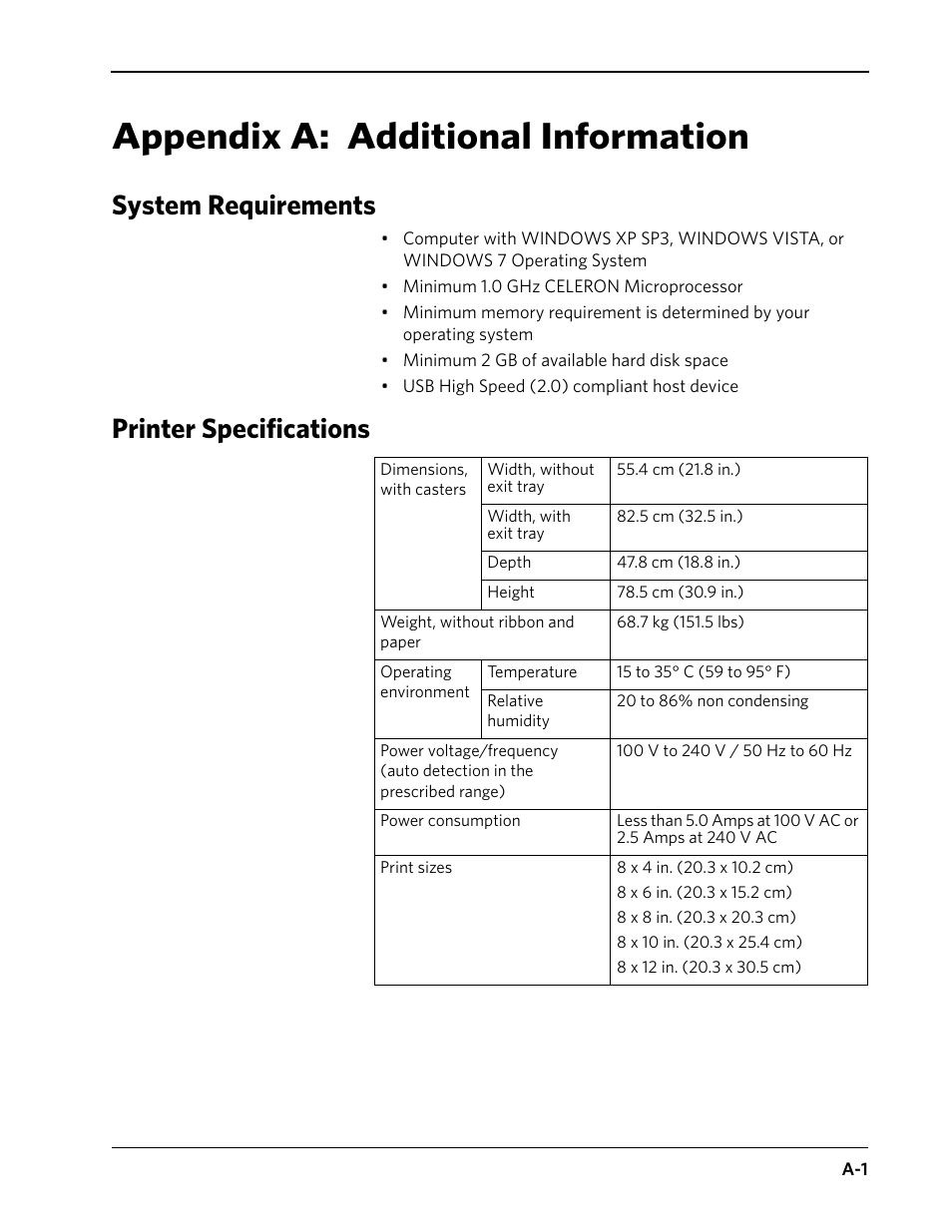 Appendix a: additional information, System requirements, Printer specifications | Kodak D4000 User Manual | Page 37 / 48