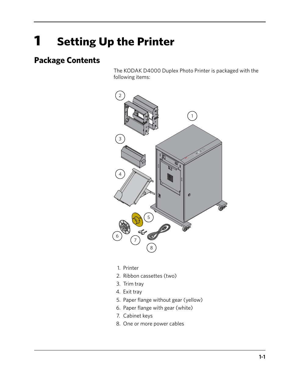 1 setting up the printer, Package contents, Package contents -1 | Setting up the printer | Kodak D4000 User Manual | Page 5 / 48