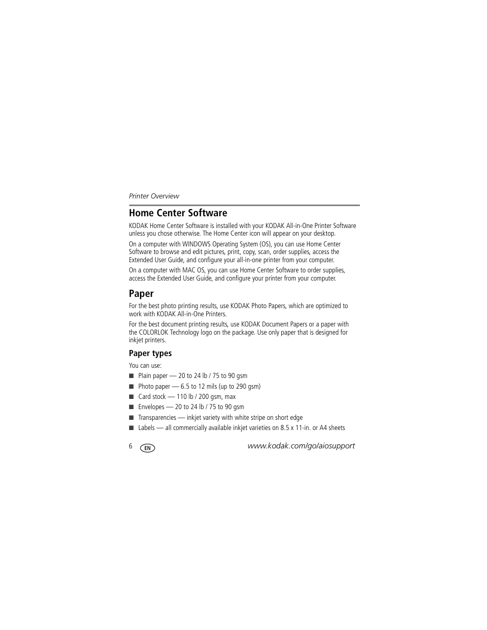 Home center software, Paper, Paper types | Home center software paper | Kodak OFFICE HERO 6.1 User Manual | Page 12 / 40