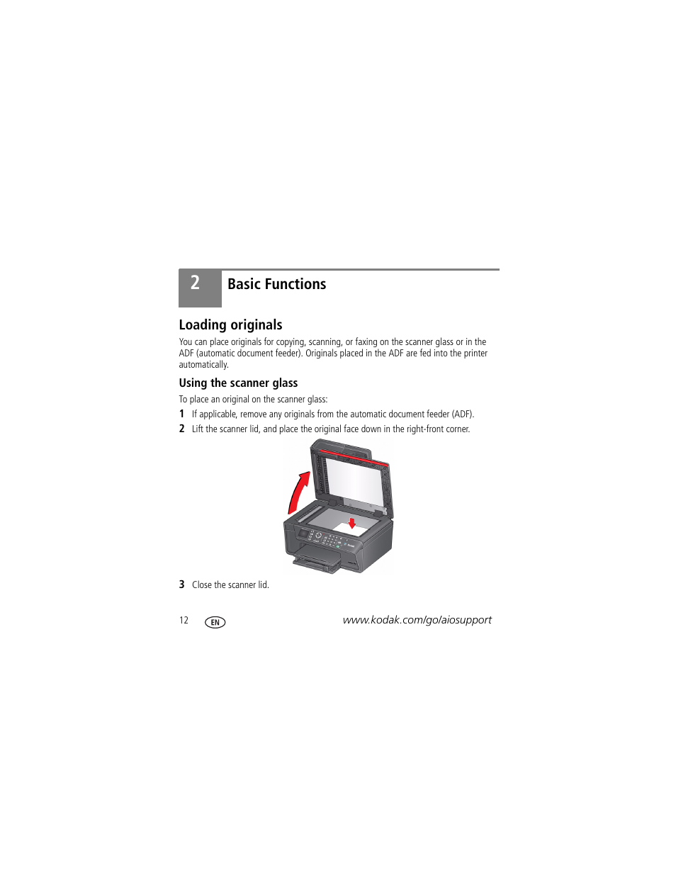 Basic functions, Loading originals, Using the scanner glass | 2 basic functions | Kodak OFFICE HERO 6.1 User Manual | Page 18 / 40