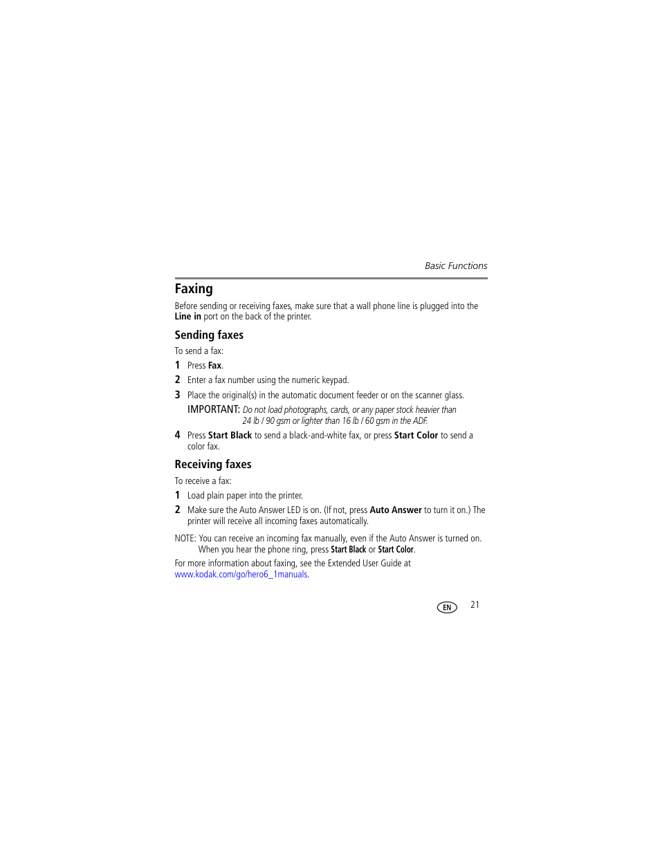 Faxing, Sending faxes, Receiving faxes | Sending faxes receiving faxes | Kodak OFFICE HERO 6.1 User Manual | Page 27 / 40