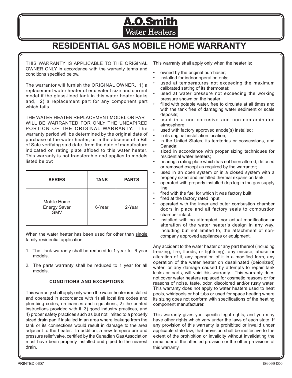 A.O. Smith WATER HEATERS User Manual | 2 pages