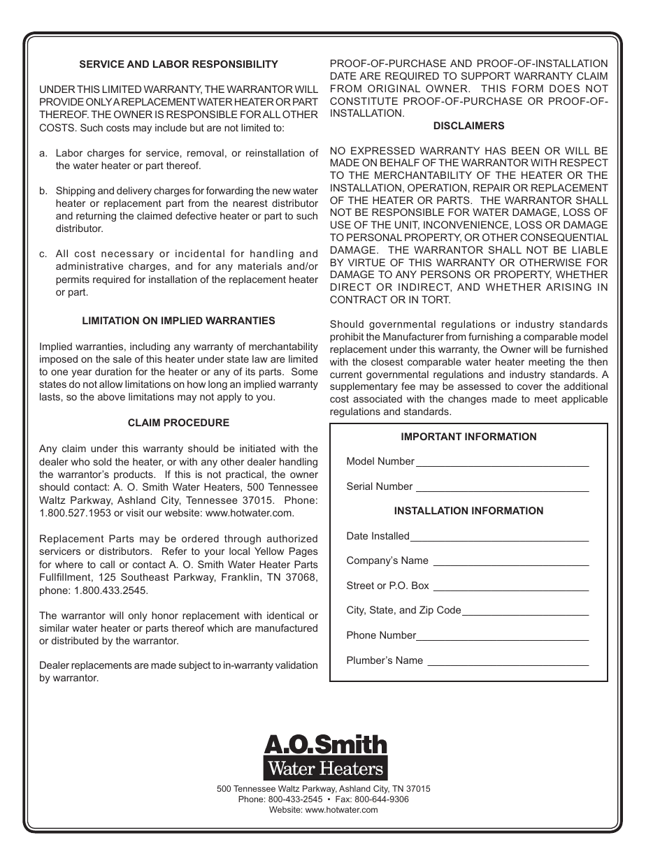 A.O. Smith WATER HEATERS User Manual | Page 2 / 2
