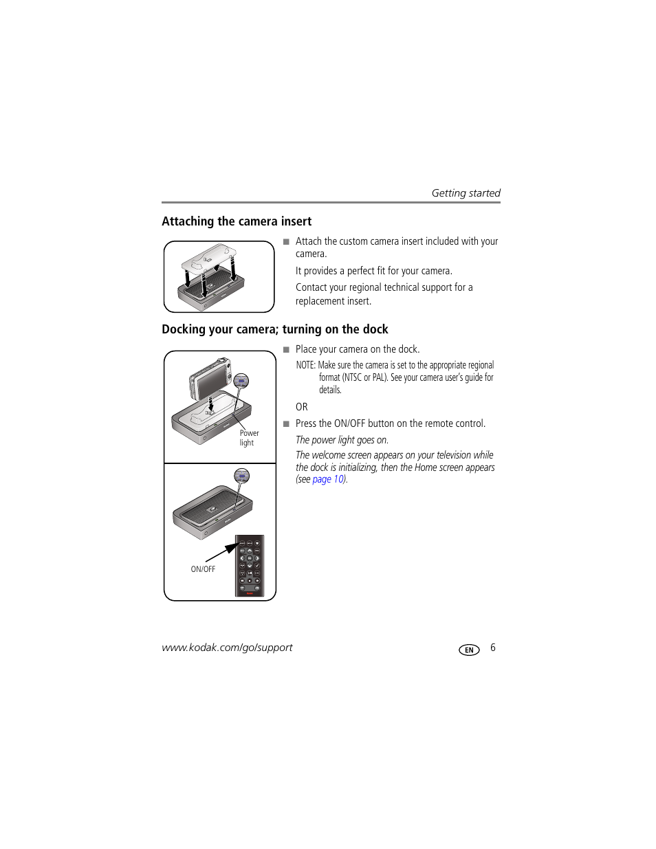 Attaching the camera insert, Docking your camera; turning on the dock | Kodak HDTV Dock User Manual | Page 11 / 36