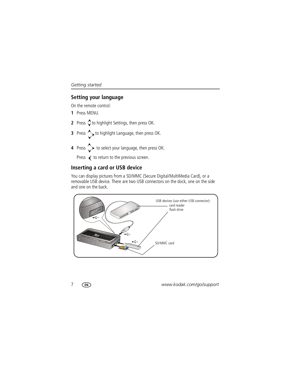 Setting your language, Inserting a card or usb device | Kodak HDTV Dock User Manual | Page 12 / 36