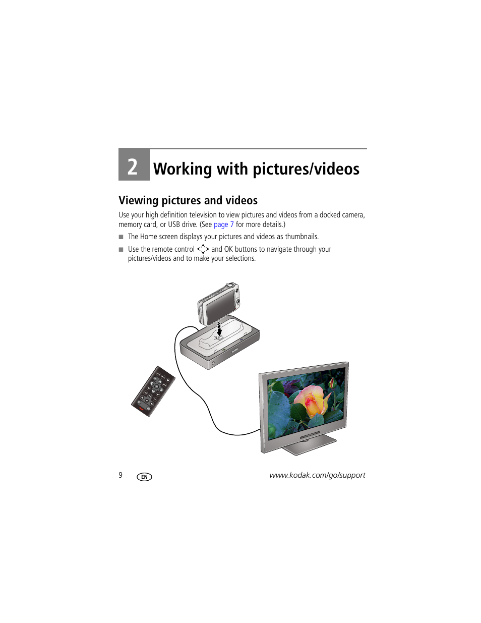 Working with pictures/videos, Viewing pictures and videos, 2 working with pictures/videos | Kodak HDTV Dock User Manual | Page 14 / 36