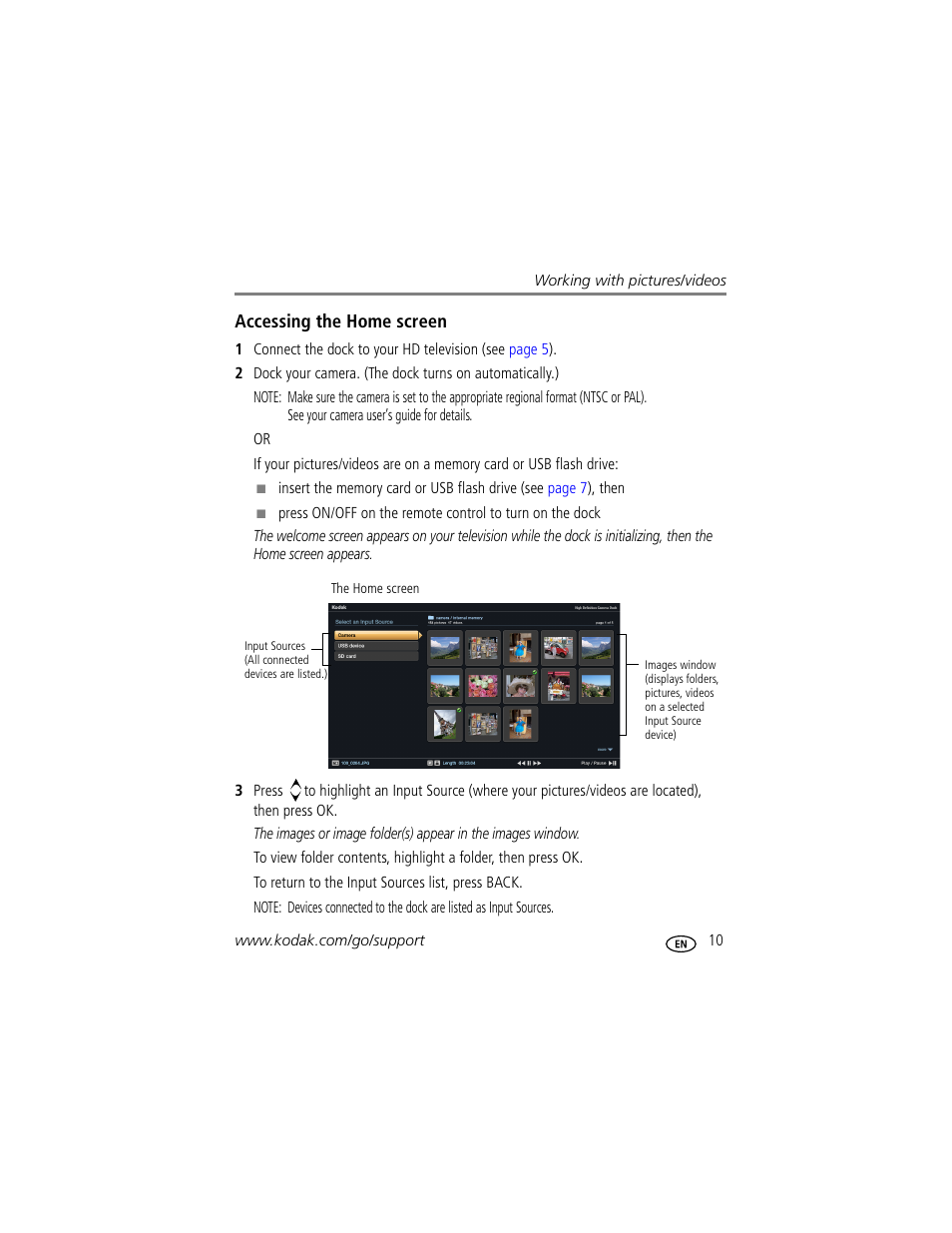 Accessing the home screen | Kodak HDTV Dock User Manual | Page 15 / 36