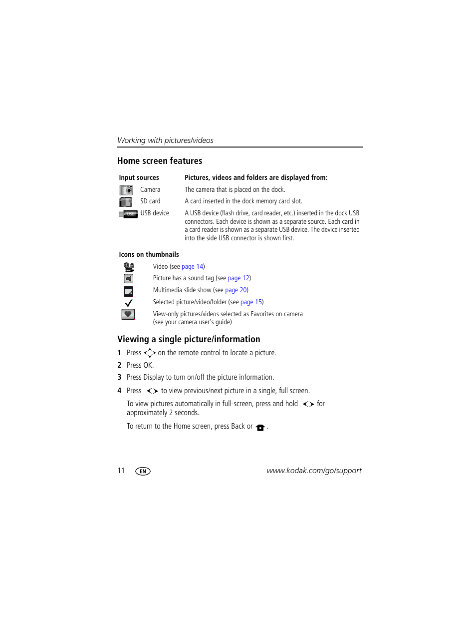 Home screen features, Viewing a single picture/information | Kodak HDTV Dock User Manual | Page 16 / 36
