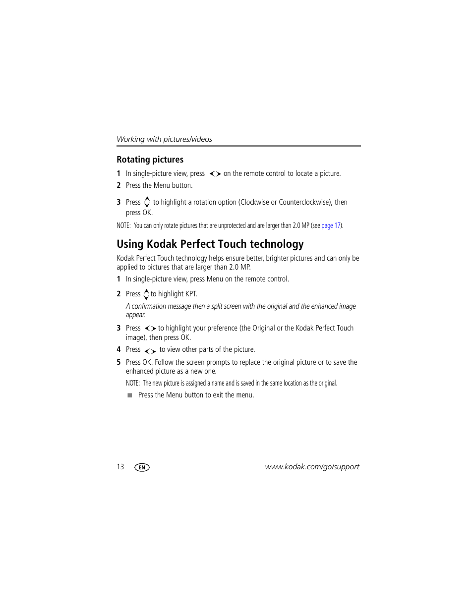 Rotating pictures, Using kodak perfect touch technology | Kodak HDTV Dock User Manual | Page 18 / 36