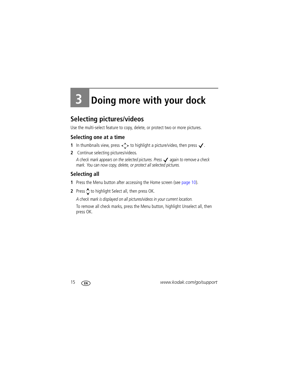 Doing more with your dock, Selecting pictures/videos, Selecting one at a time | Selecting all, 3 doing more with your dock, Selecting one at a time selecting all | Kodak HDTV Dock User Manual | Page 20 / 36