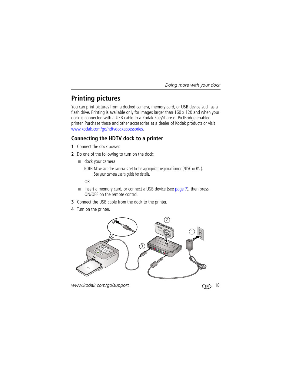 Printing pictures, Connecting the hdtv dock to a printer | Kodak HDTV Dock User Manual | Page 23 / 36