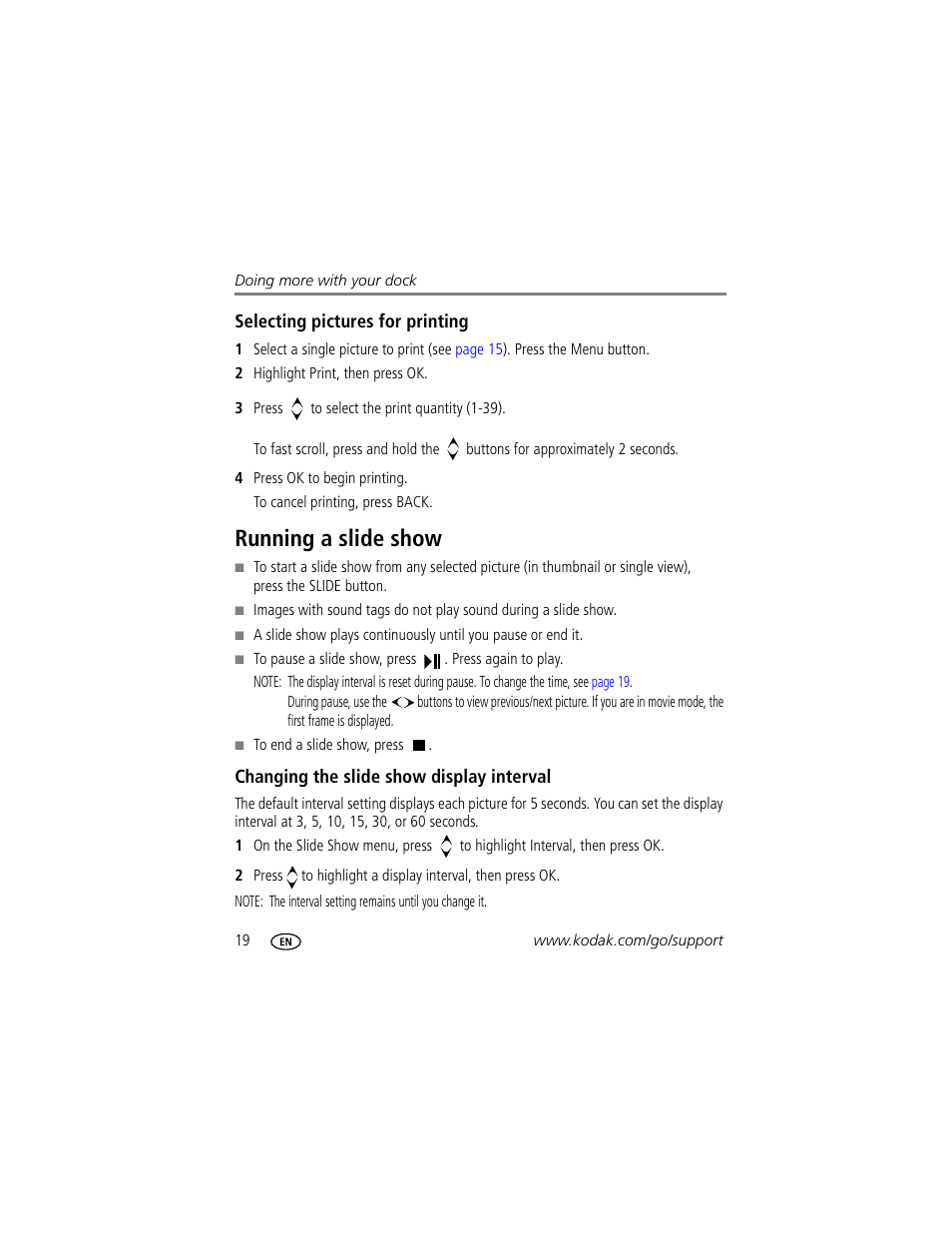 Selecting pictures for printing, Running a slide show, Changing the slide show display interval | Kodak HDTV Dock User Manual | Page 24 / 36