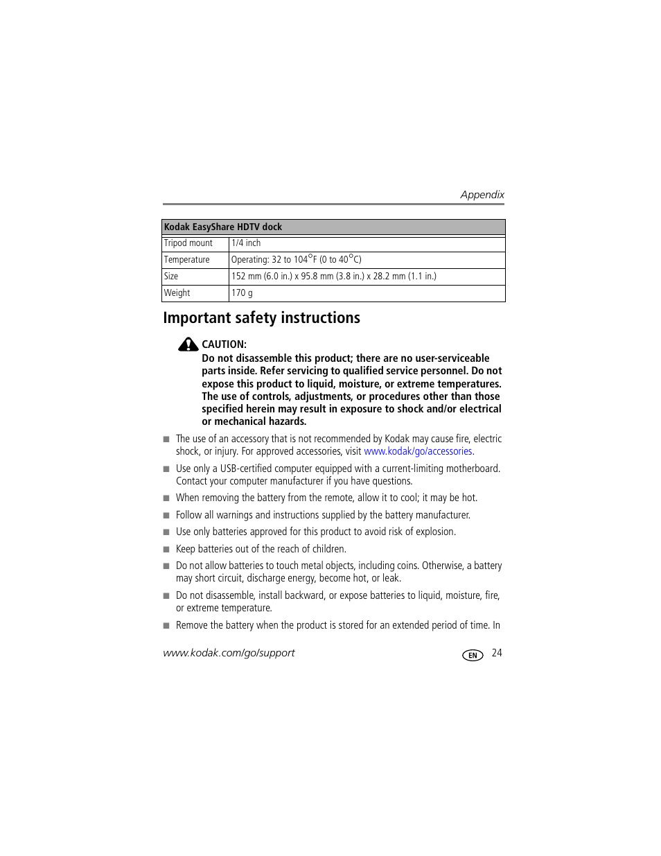 Important safety instructions | Kodak HDTV Dock User Manual | Page 29 / 36