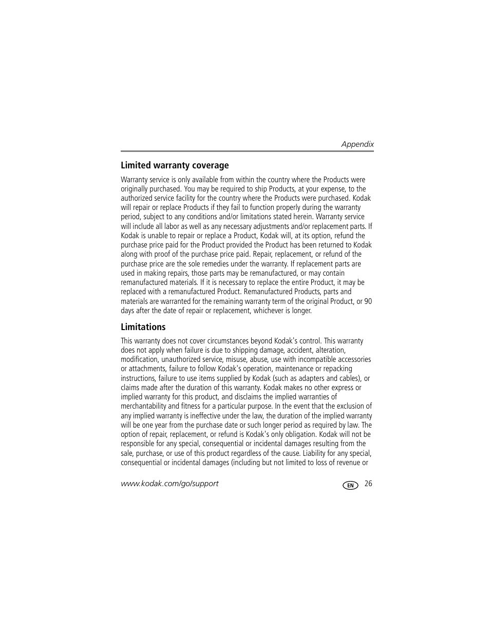 Limited warranty coverage, Limitations, Limited warranty coverage limitations | Kodak HDTV Dock User Manual | Page 31 / 36