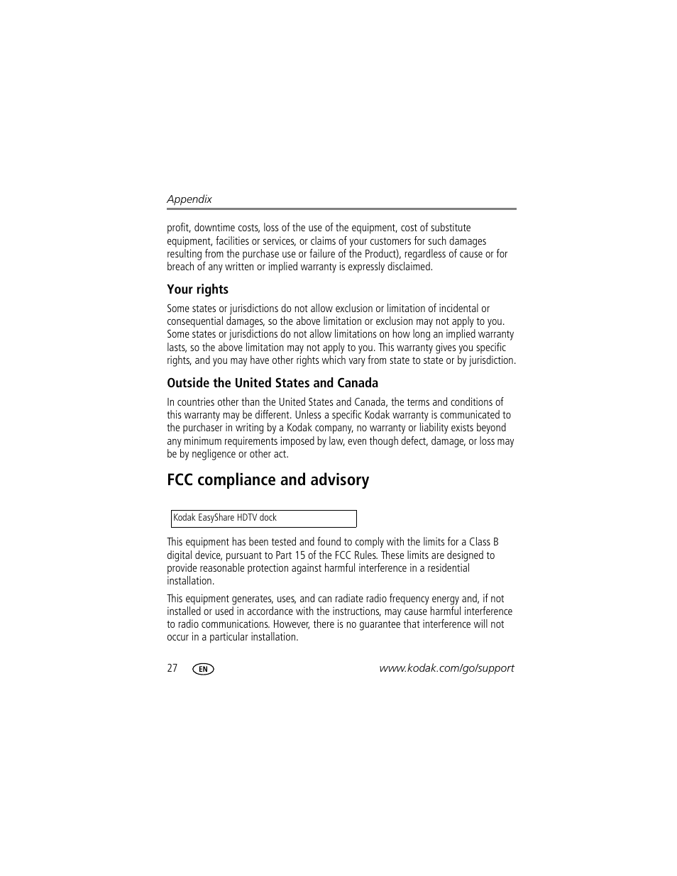 Your rights, Outside the united states and canada, Fcc compliance and advisory | Your rights outside the united states and canada | Kodak HDTV Dock User Manual | Page 32 / 36