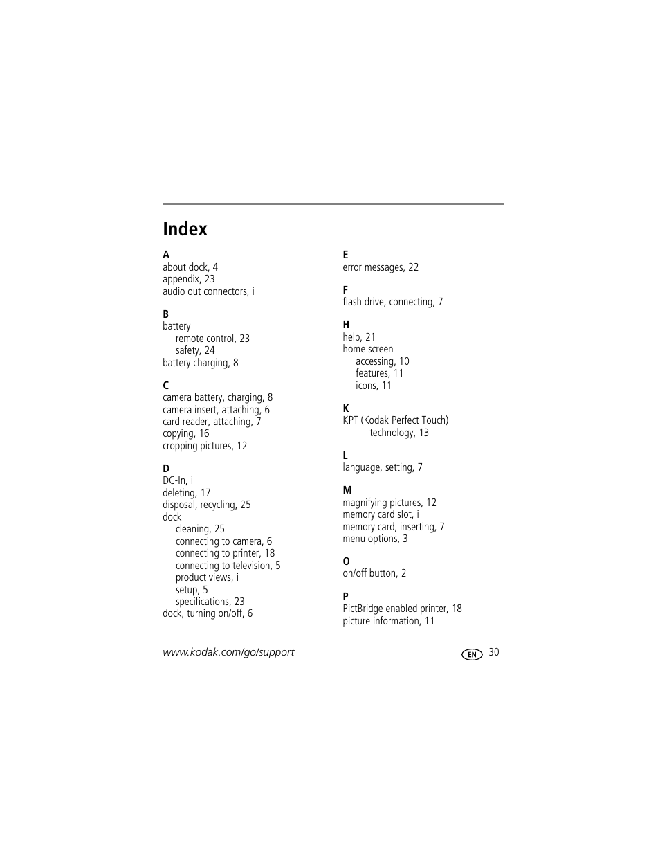 Index | Kodak HDTV Dock User Manual | Page 35 / 36