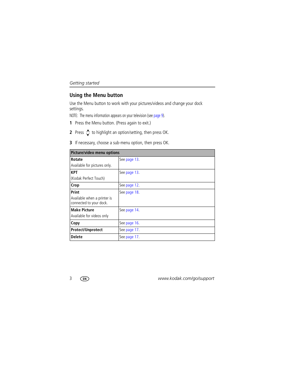 Using the menu button | Kodak HDTV Dock User Manual | Page 8 / 36