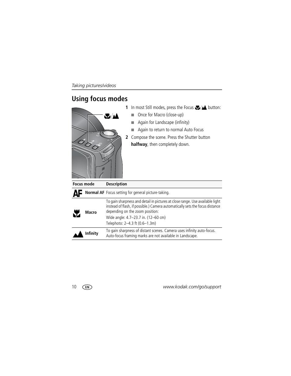 Using focus modes | Kodak ZD8612 IS User Manual | Page 16 / 76