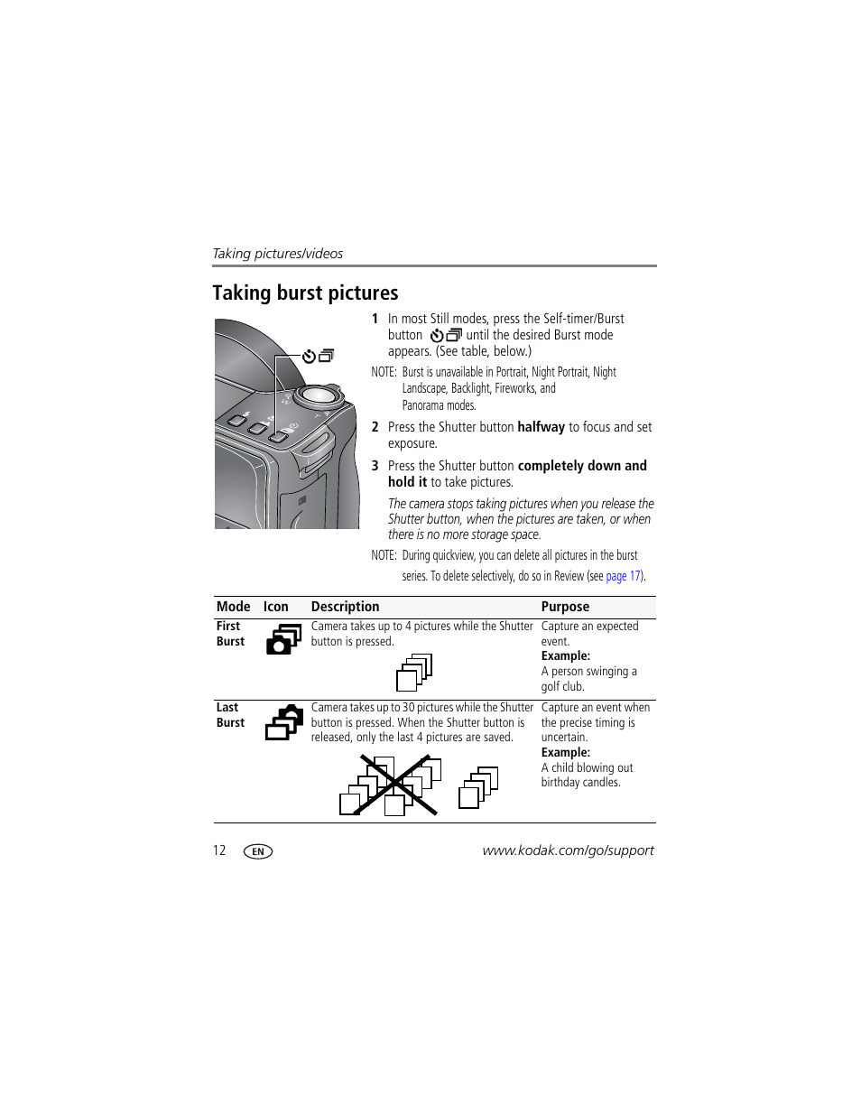 Taking burst pictures | Kodak ZD8612 IS User Manual | Page 18 / 76