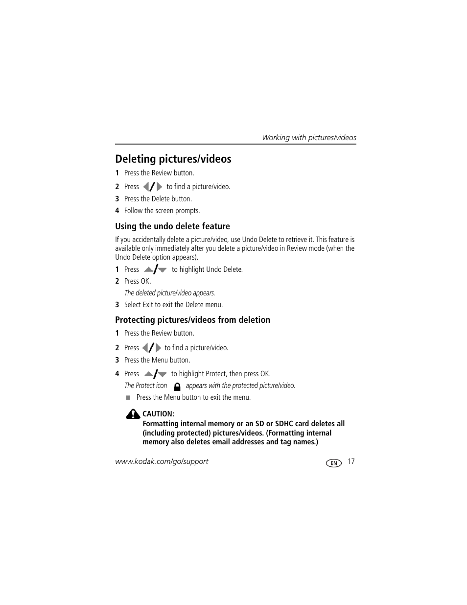 Using the undo delete feature, Protecting pictures/videos from deletion, Deleting pictures/videos | Kodak ZD8612 IS User Manual | Page 23 / 76