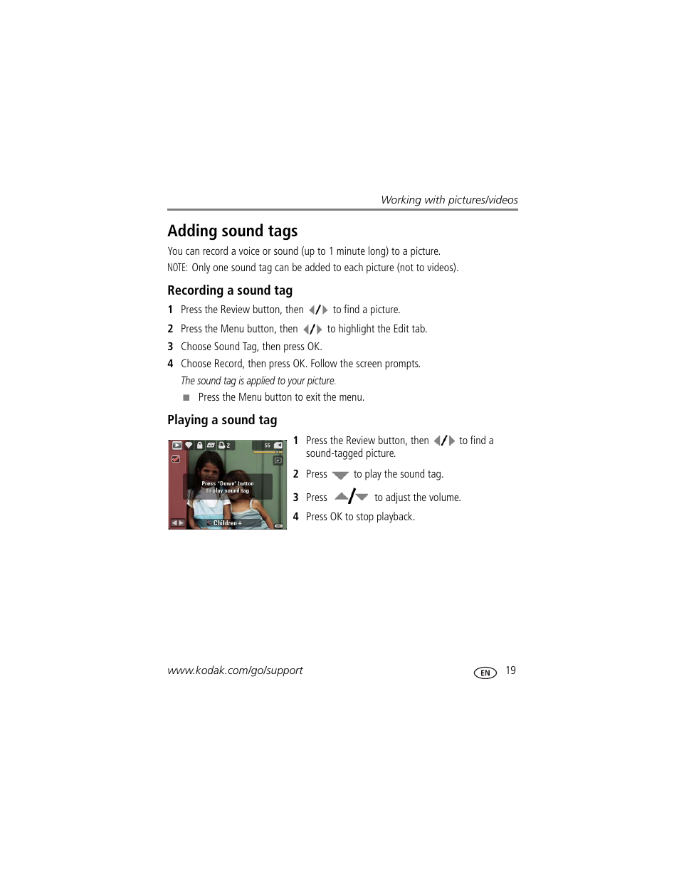 Recording a sound tag, Playing a sound tag, Adding sound tags | Kodak ZD8612 IS User Manual | Page 25 / 76